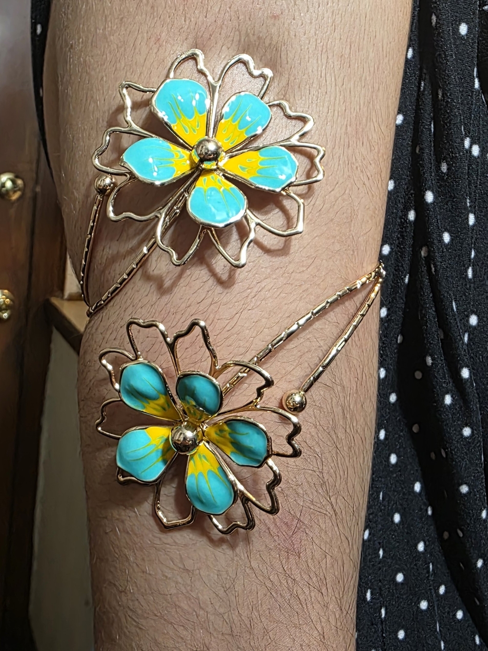 Gold Flower Arm Cuff Bracelet with Turquoise and Yellow Enamel